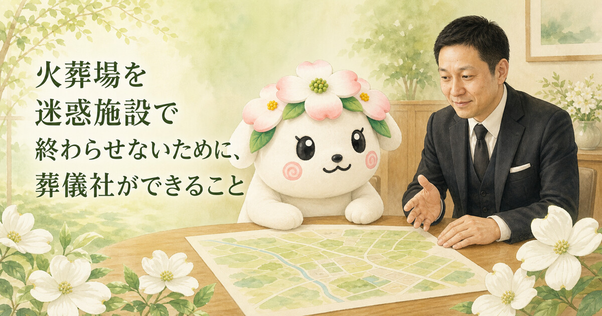 地域の地図と白い花を囲み火葬場について語る副社長と花水木ちゃん