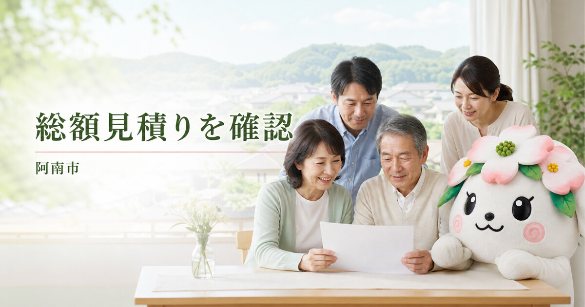 阿南市で総額見積りを確認を確認する家族と花水木の担当者