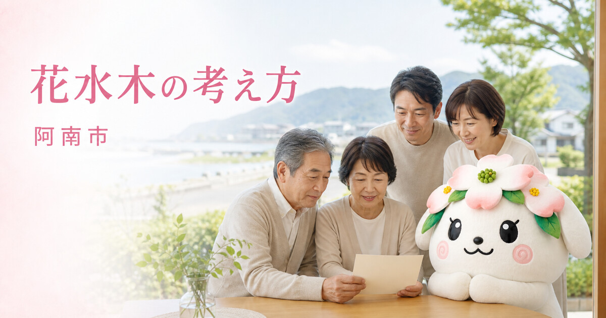 阿南市で花水木の考え方を確認する家族と花水木の担当者