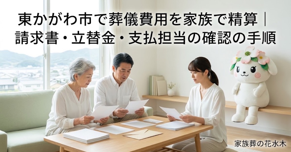 葬儀費用と立替金の家族精算を確認する東かがわ市の家族と花水木ちゃん