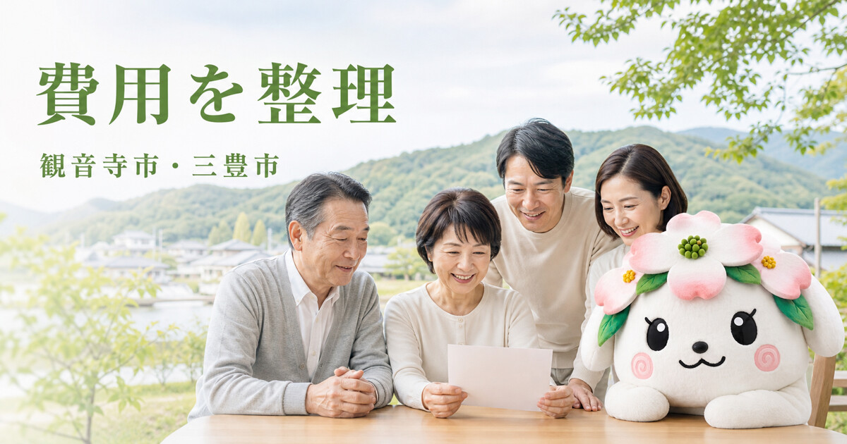 観音寺市・三豊市で費用を整理を確認する家族と花水木の担当者