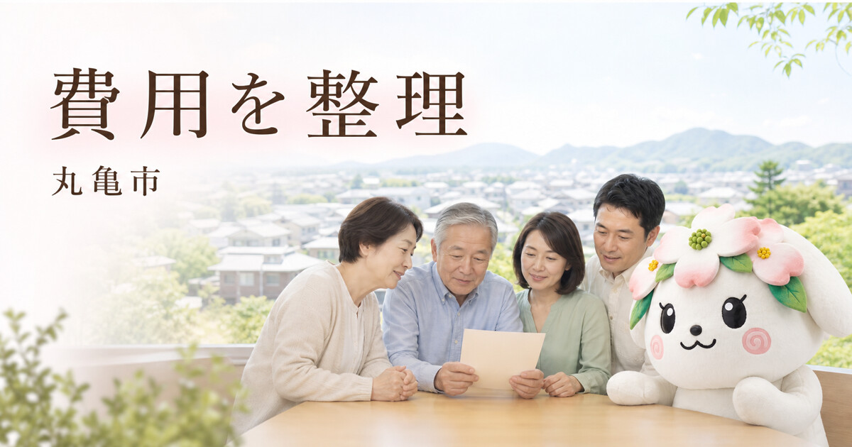 丸亀市で費用を整理を確認する家族と花水木の担当者