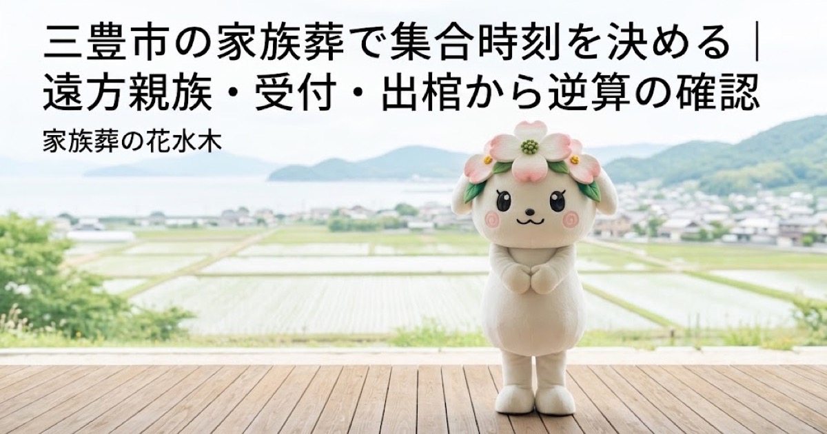 家族葬の集合時刻と到着案内を確認する三豊市の家族と花水木ちゃん