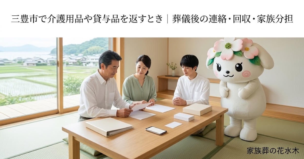 介護用品・貸与品の返却を確認する三豊市の家族と花水木ちゃん