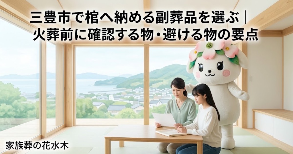棺へ納める副葬品の事前確認を確認する三豊市の家族と花水木ちゃん