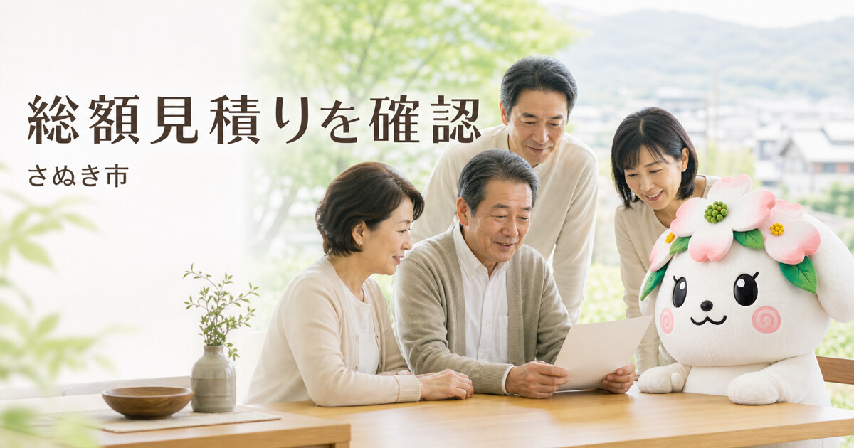 さぬき市で総額見積りを確認を確認する家族と花水木の担当者
