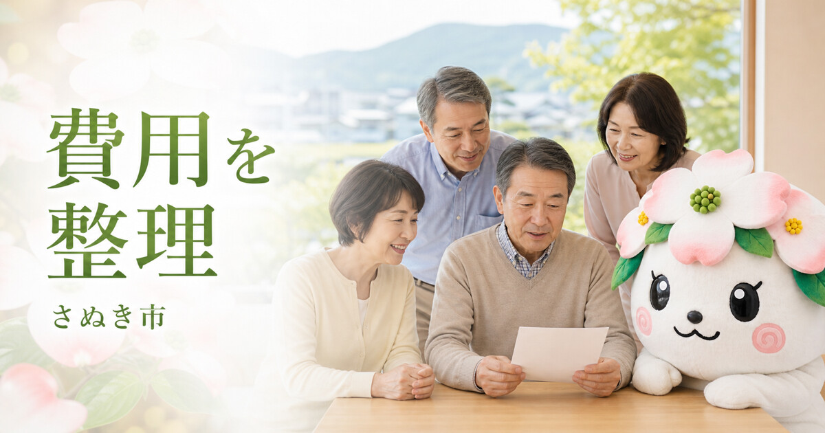 さぬき市で費用を整理を確認する家族と花水木の担当者