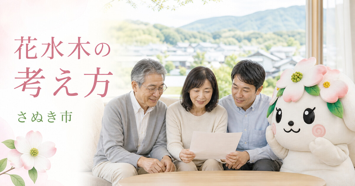 さぬき市で花水木の考え方を確認する家族と花水木の担当者