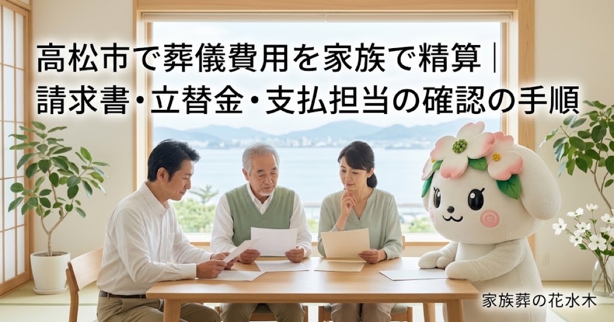 葬儀費用と立替金の家族精算を確認する高松市の家族と花水木ちゃん