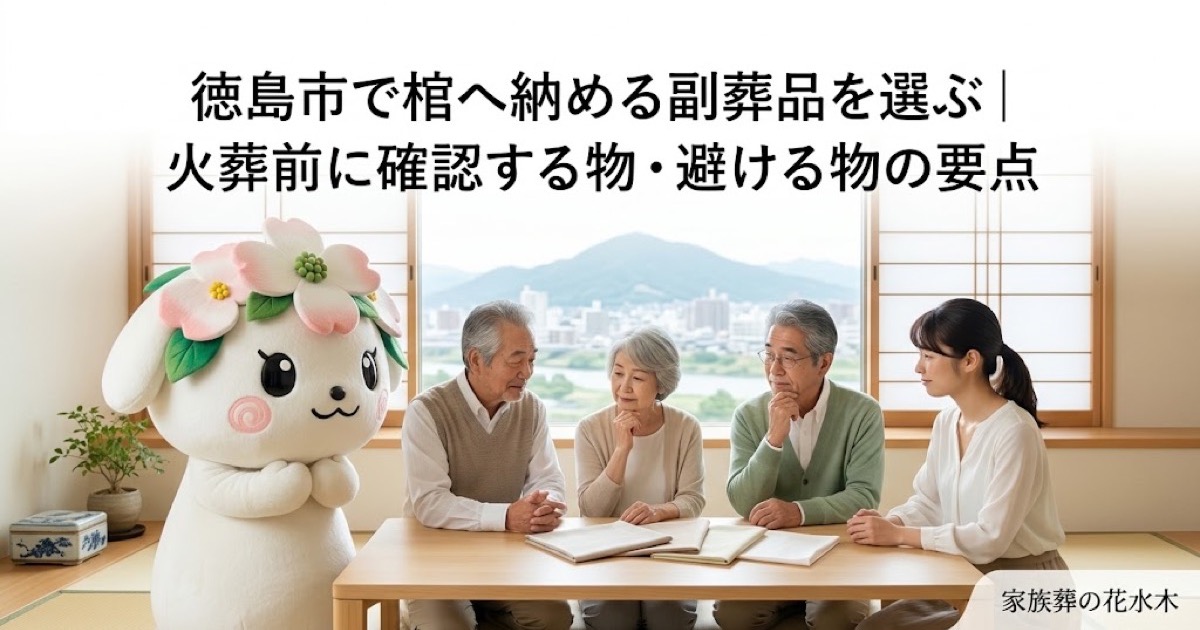 棺へ納める副葬品の事前確認を確認する徳島市の家族と花水木ちゃん