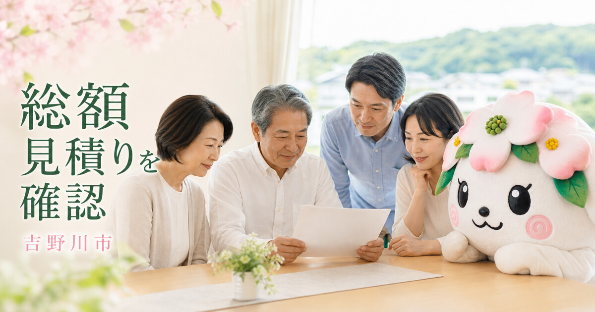 吉野川市で総額見積りを確認を確認する家族と花水木の担当者