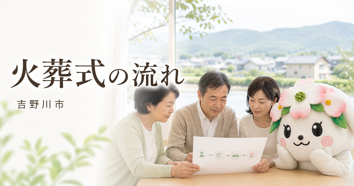 吉野川市で火葬式の流れを確認する家族と花水木の担当者