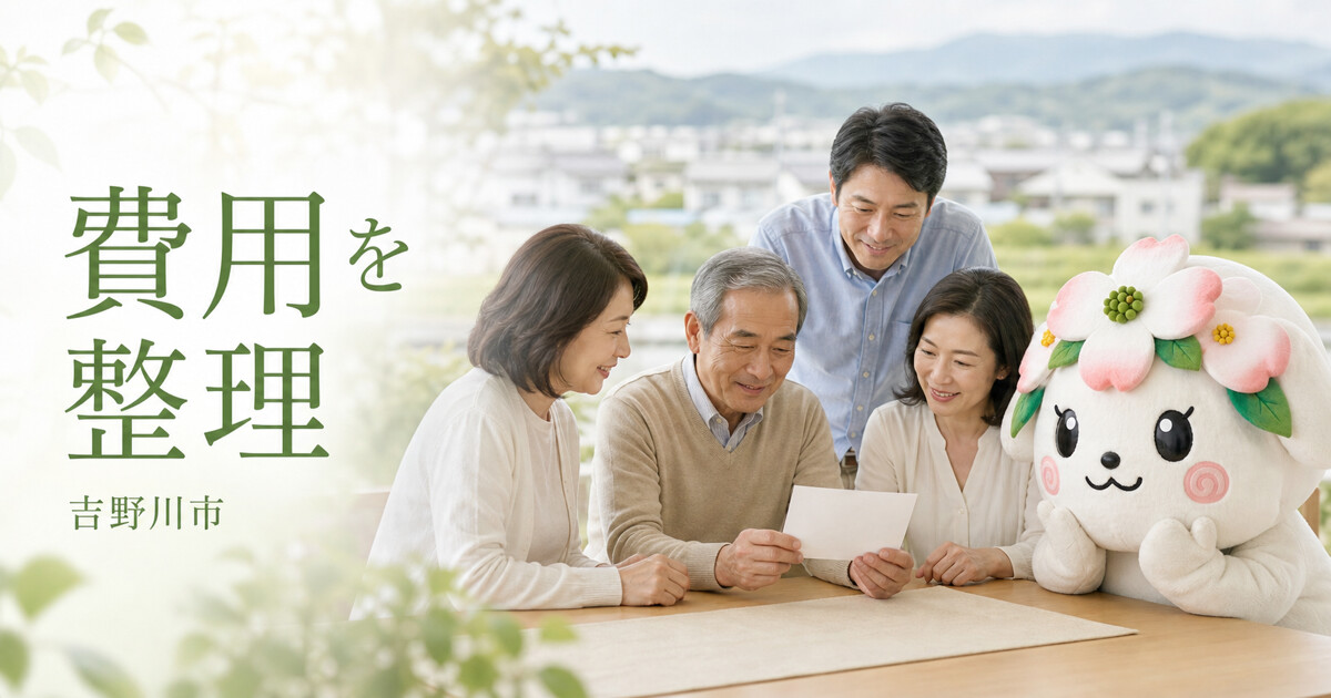 吉野川市で費用を整理を確認する家族と花水木の担当者