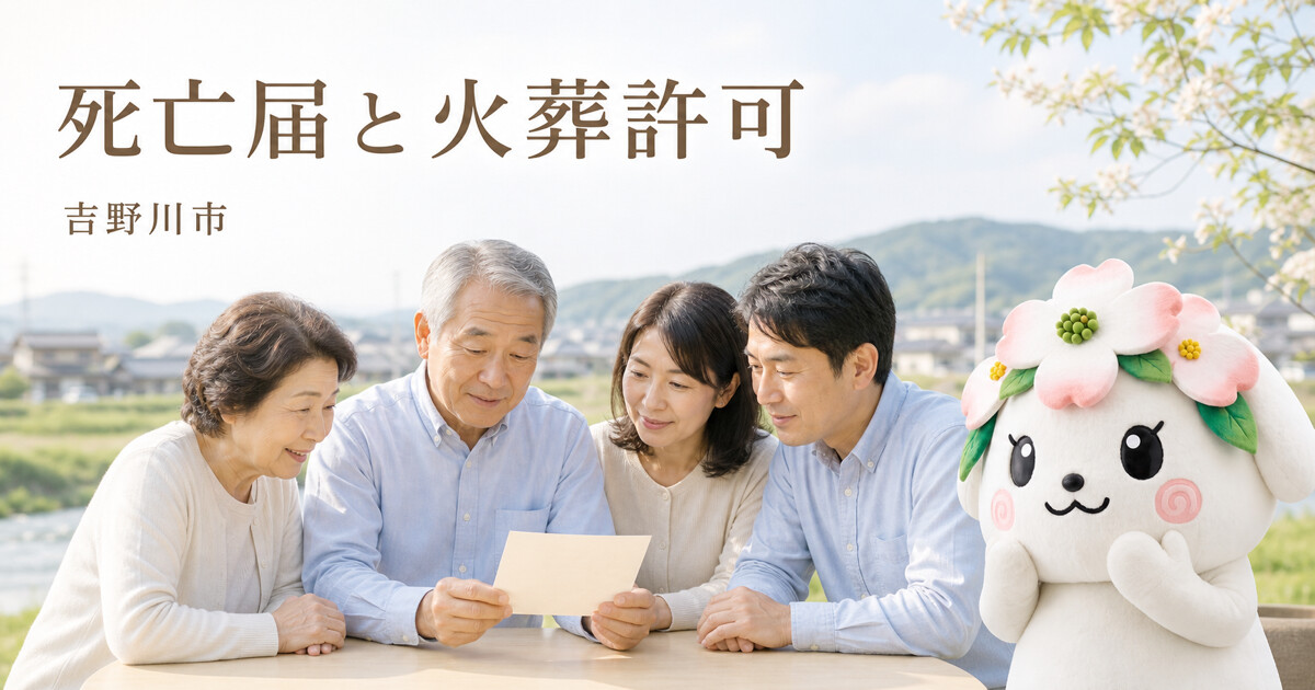 吉野川市で死亡届と火葬許可を確認する家族と花水木の担当者