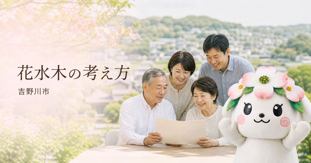 吉野川市で花水木の考え方を確認する家族と花水木の担当者