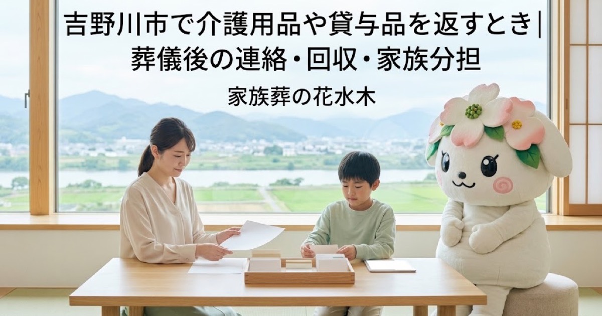 介護用品・貸与品の返却を確認する吉野川市の家族と花水木ちゃん