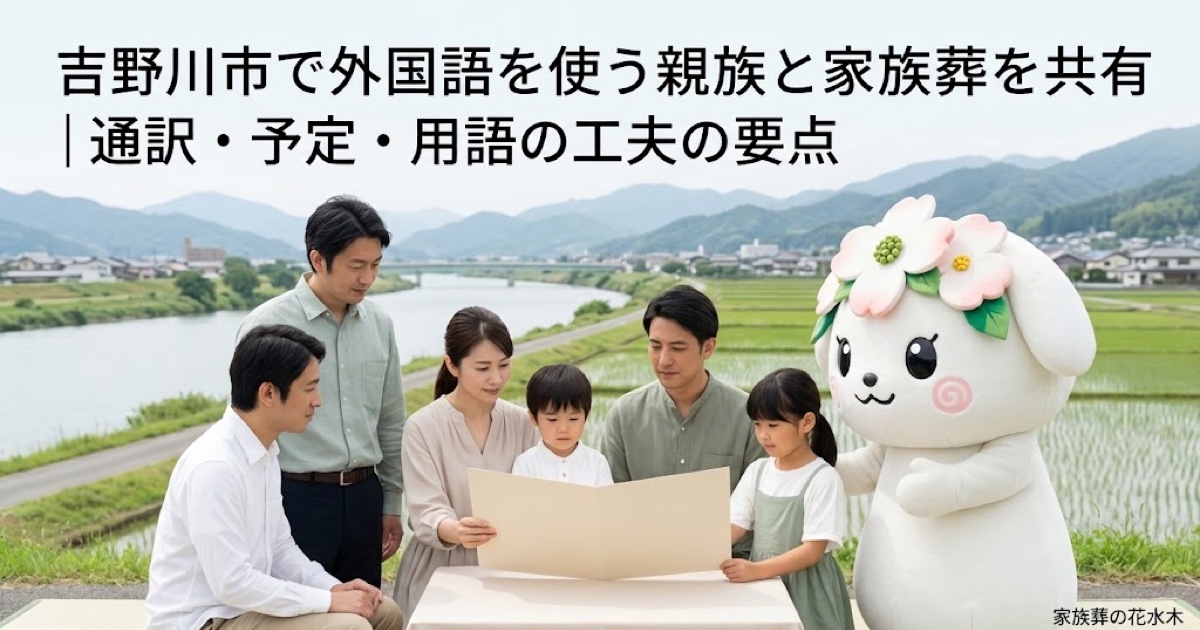 外国語を使う親族との葬儀共有を確認する吉野川市の家族と花水木ちゃん